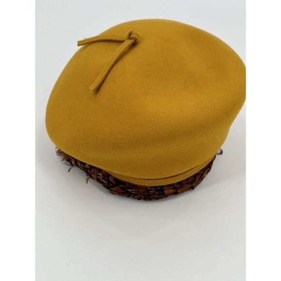 Jack Mconnell Boutique Yellow 100% Wool Beret Hat Brown Feather Trim USA Vintage